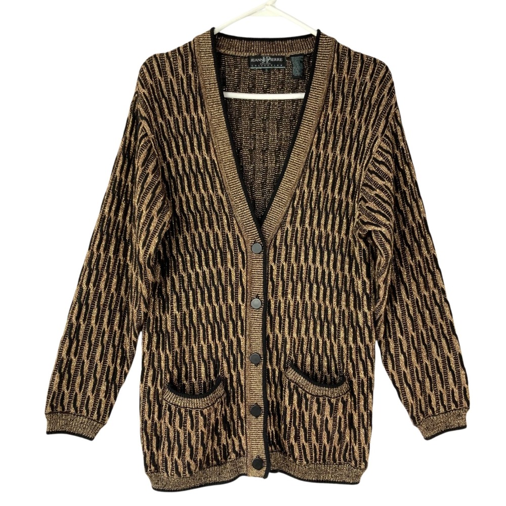 Jeanne Pierre Petites Gold Black Cardigan S Button V-Neck Long Sleeve Metallic